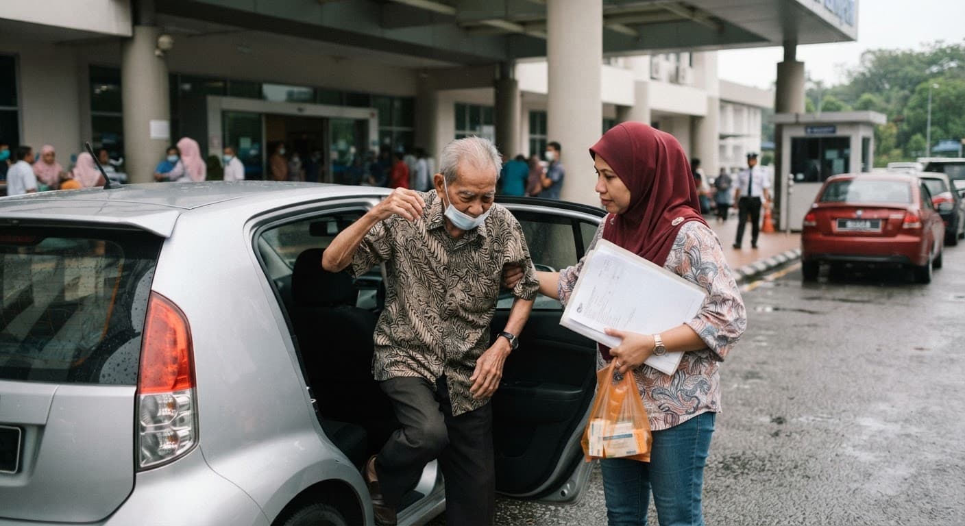 A daughter helping her father out of a car at night outside their home