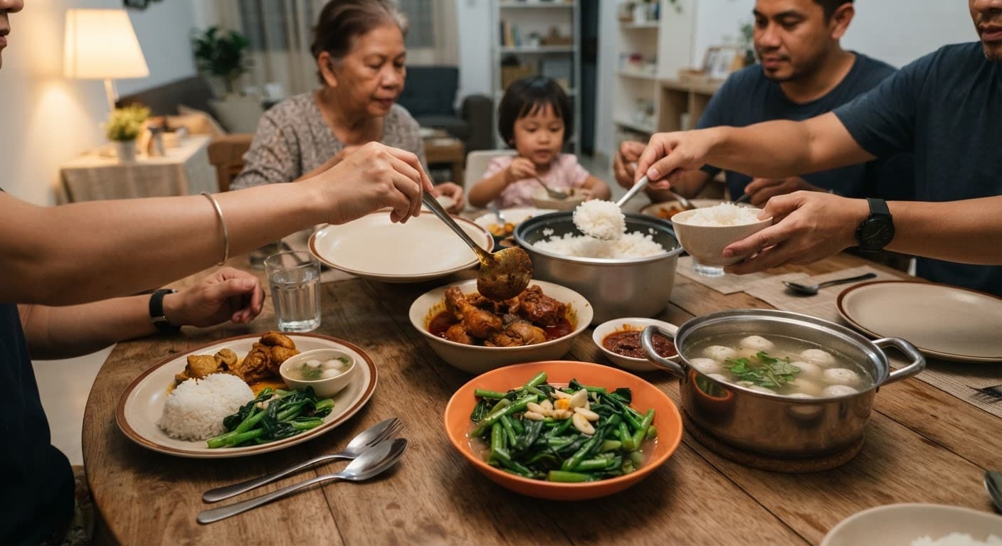 A shared Malaysian family dinner table with rice, dishes and a separate plate portioned at the side