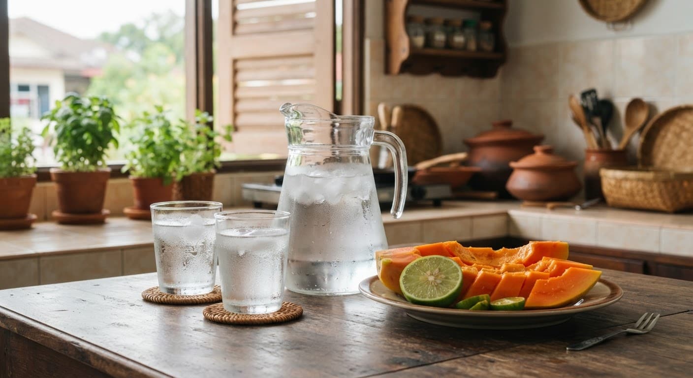 A jug and two glasses of water on a table beside sliced fruit in a warm Malaysian kitchen