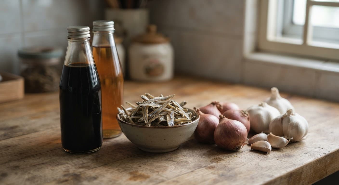 Bottles of soy sauce, chilli paste and dried anchovies arranged on a kitchen counter