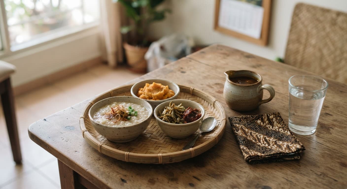 Small bowls of soft mashed dishes with a spoon and a jug of sauce on a tray