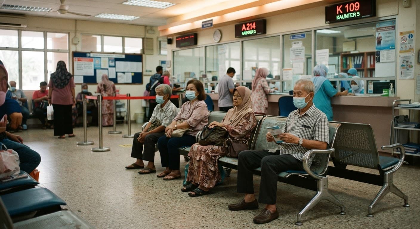 A quiet waiting area in a Malaysian public clinic with numbered seating