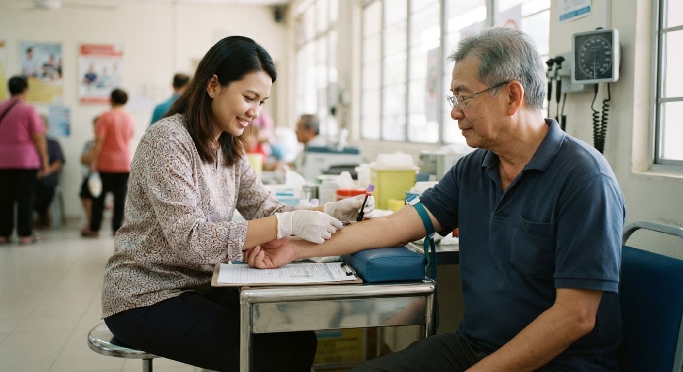 A nurse measuring a patient's blood pressure at a community clinic counter