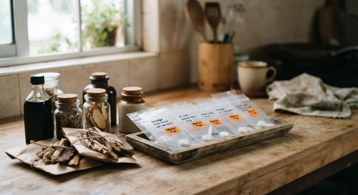 Assorted herbal tonic bottles and packets on a kitchen counter beside a box of prescription medication