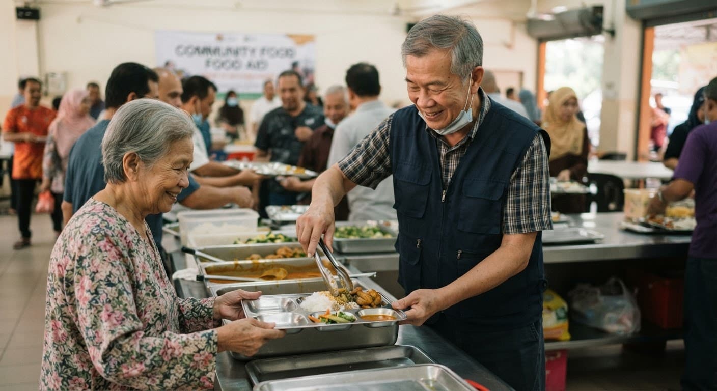 An older Malaysian man teaching a small group at a community centre whiteboard