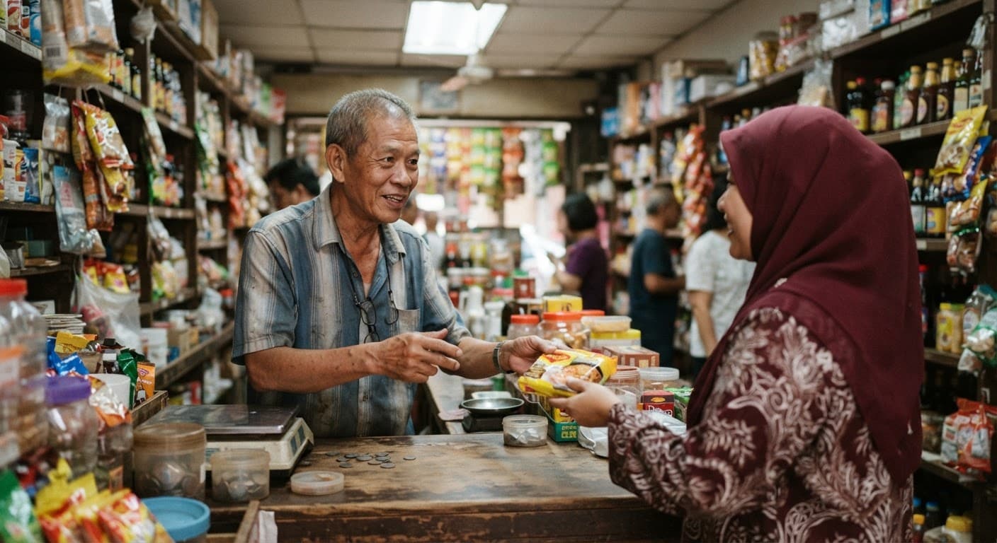 An older Malaysian man serving a customer at a small shop counter