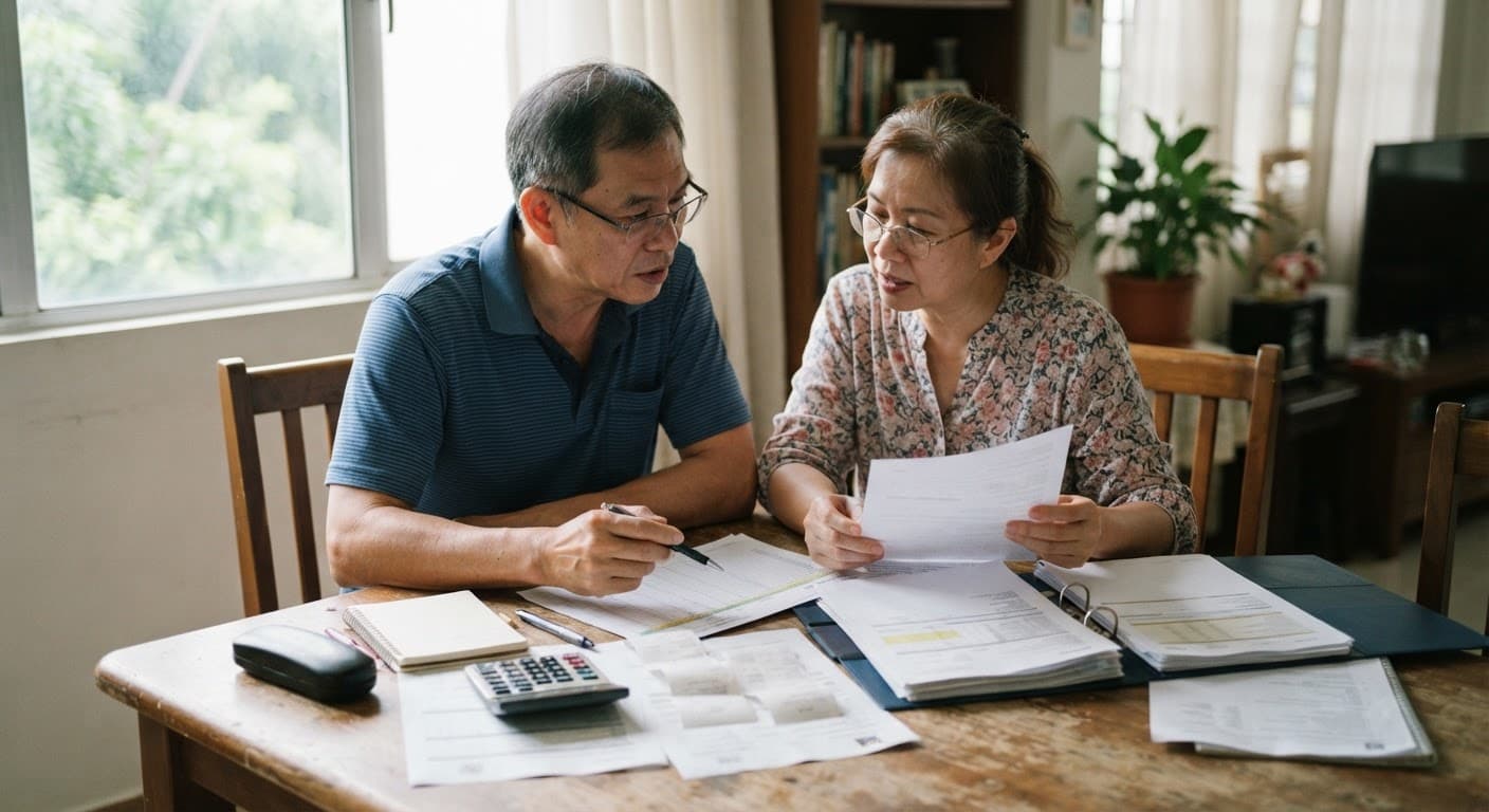 A couple reviewing household finances and documents at a table