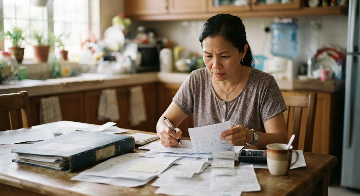 A family member reviewing medical bills and receipts at a kitchen table