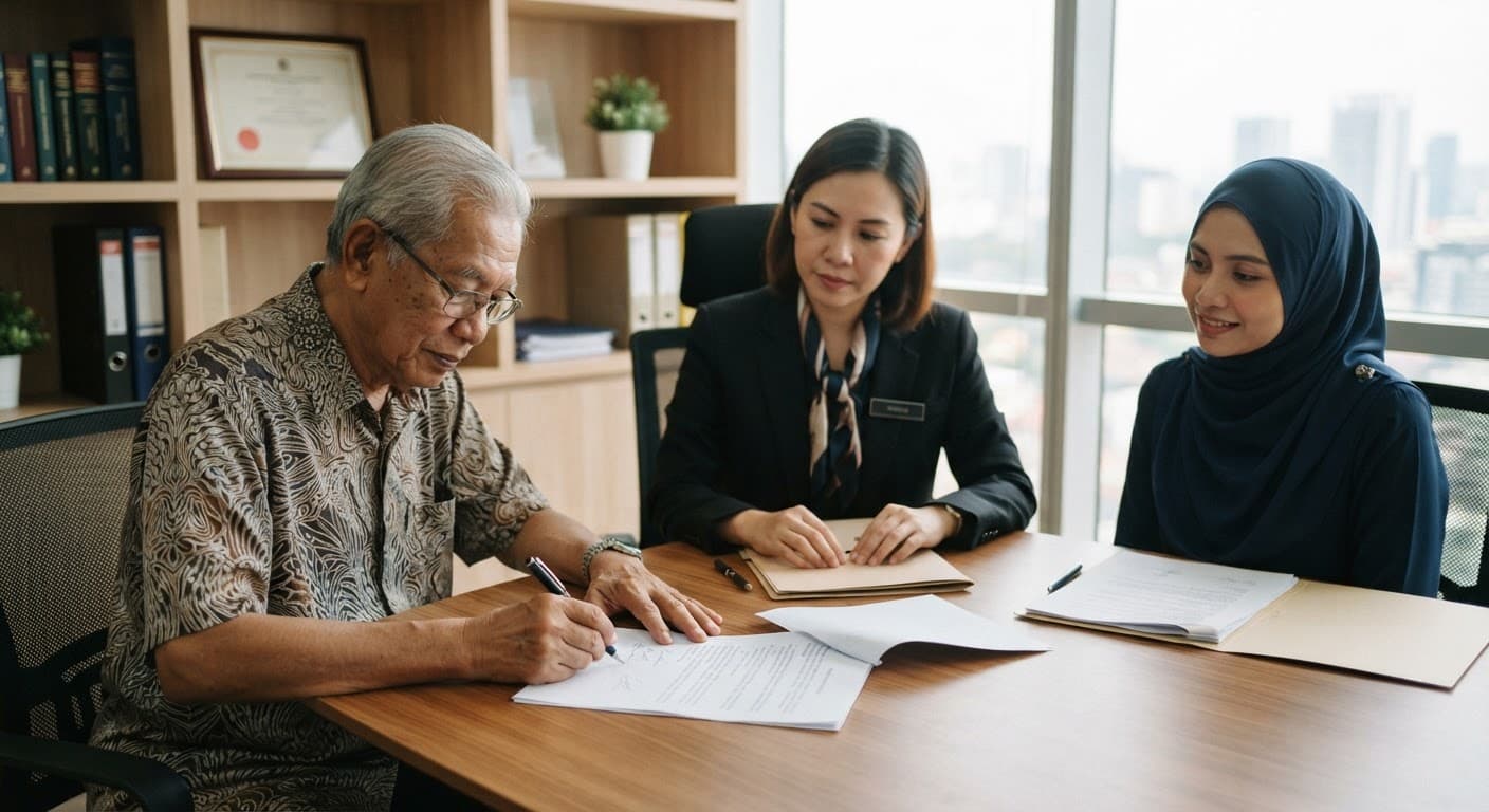 An older person signing a legal document in the presence of a witness