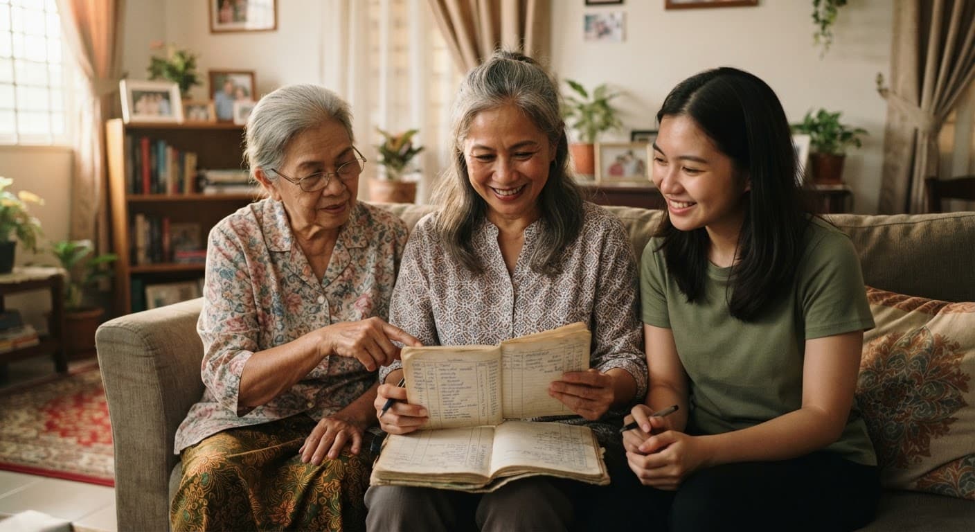 A woman in her fifties reviewing family finances with parents and children present
