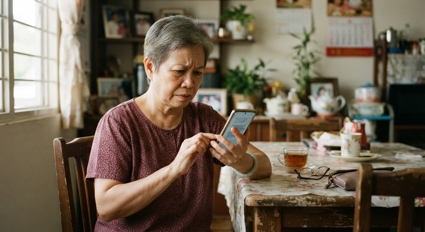 A woman in her sixties reading a suspicious investment message on her phone