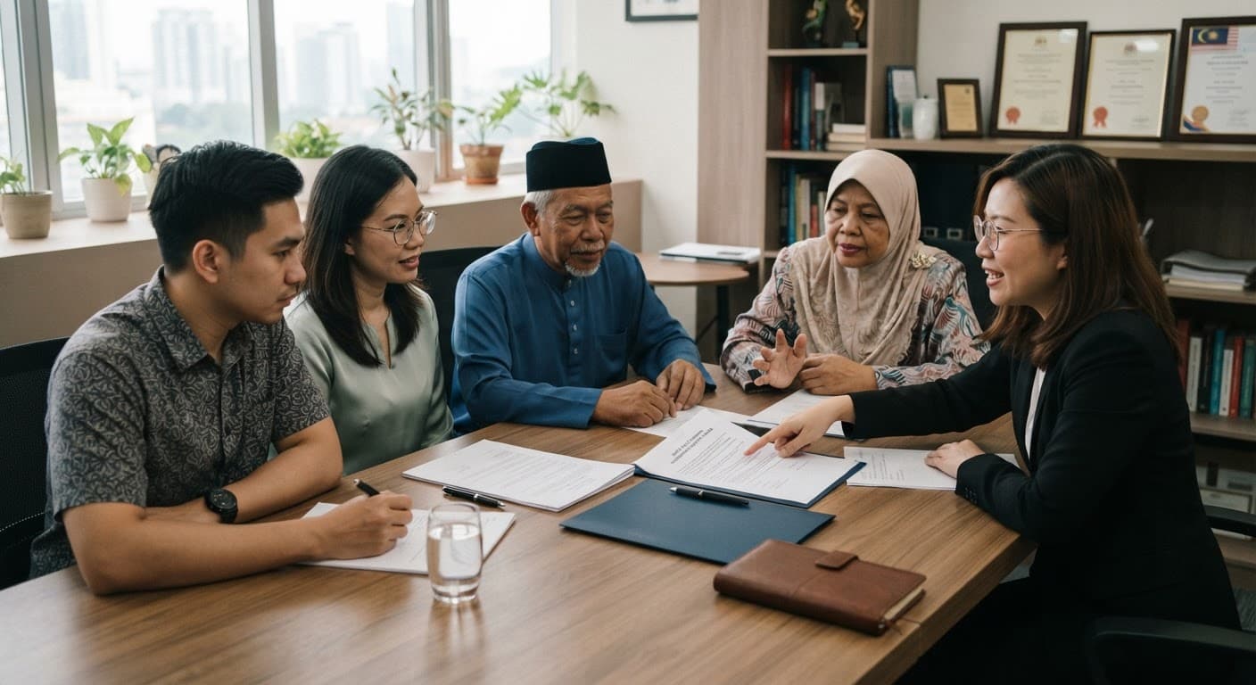 A family reviewing a will and estate documents with an adviser