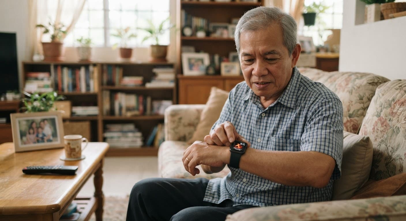 A smartwatch held in an older person's hand beside a stairway