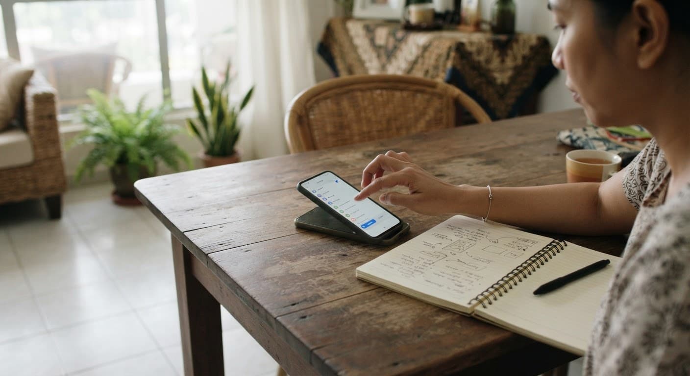 A hand configuring a smartphone beside a notebook listing settings, on a table at home