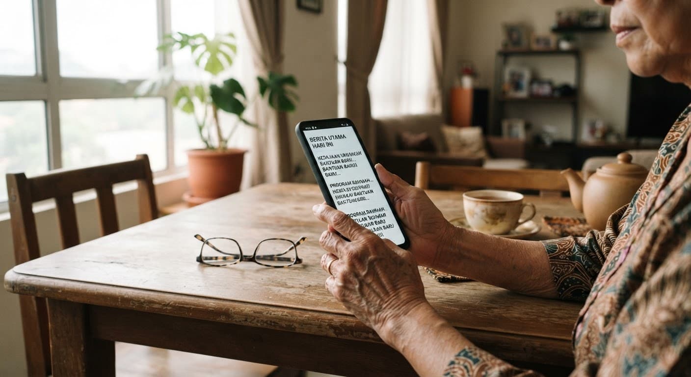 Older hands holding a smartphone with enlarged text on the screen beside reading glasses