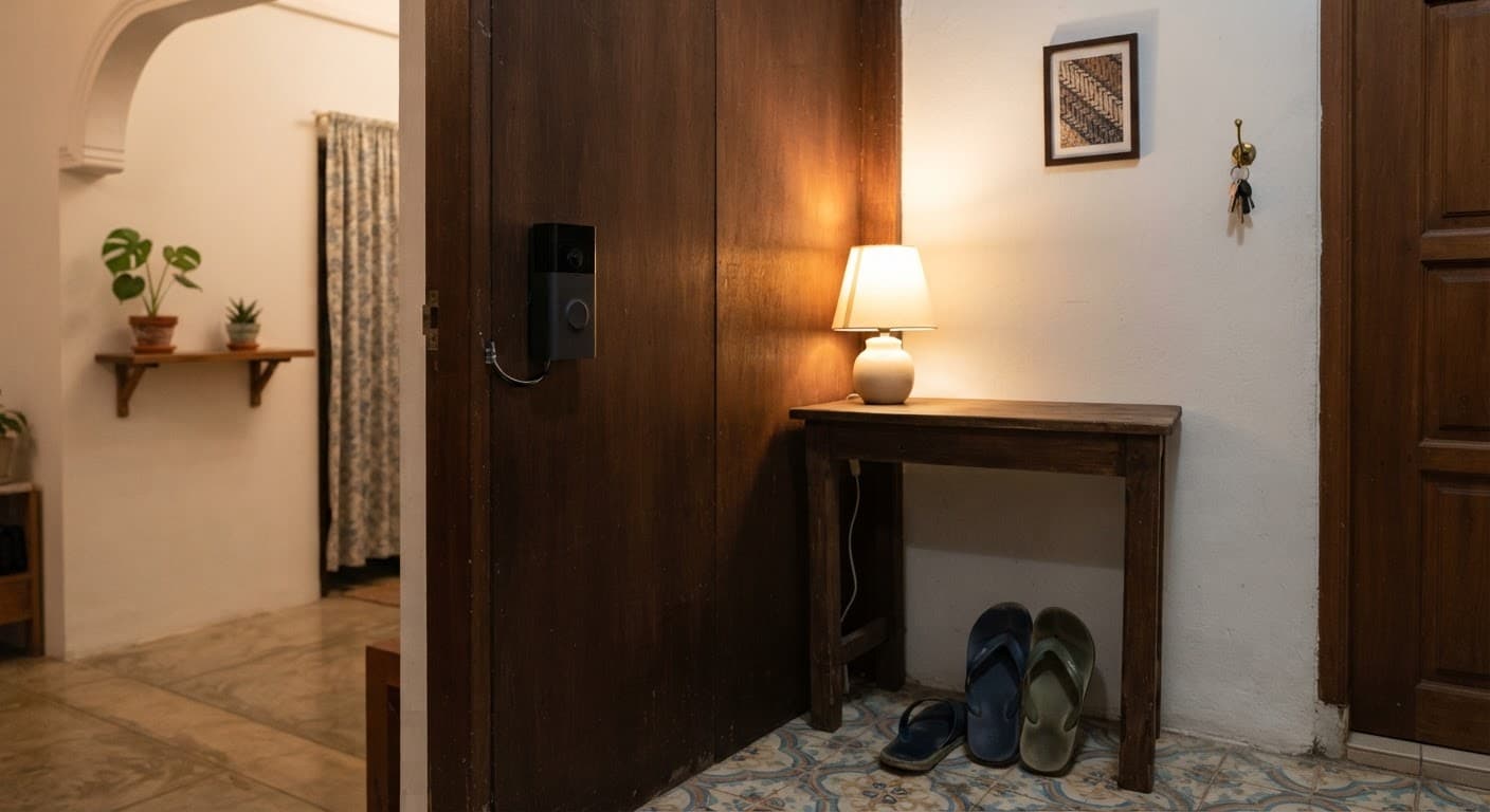 A wall-mounted video doorbell beside a lamp lit on a hallway table in a Malaysian home