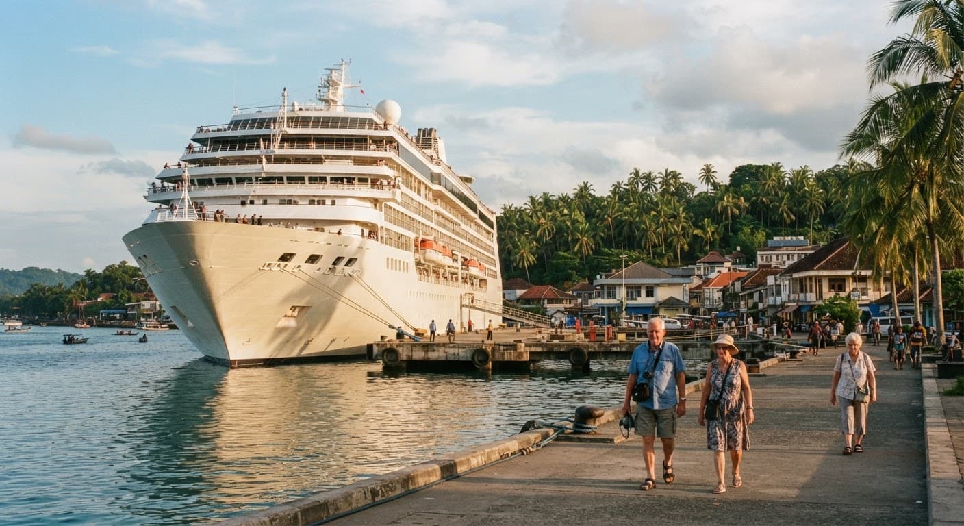 A cruise ship docked at a Southeast Asian port in the late afternoon