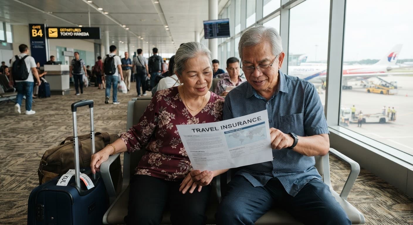 A travel insurance policy document spread open on a table with reading glasses
