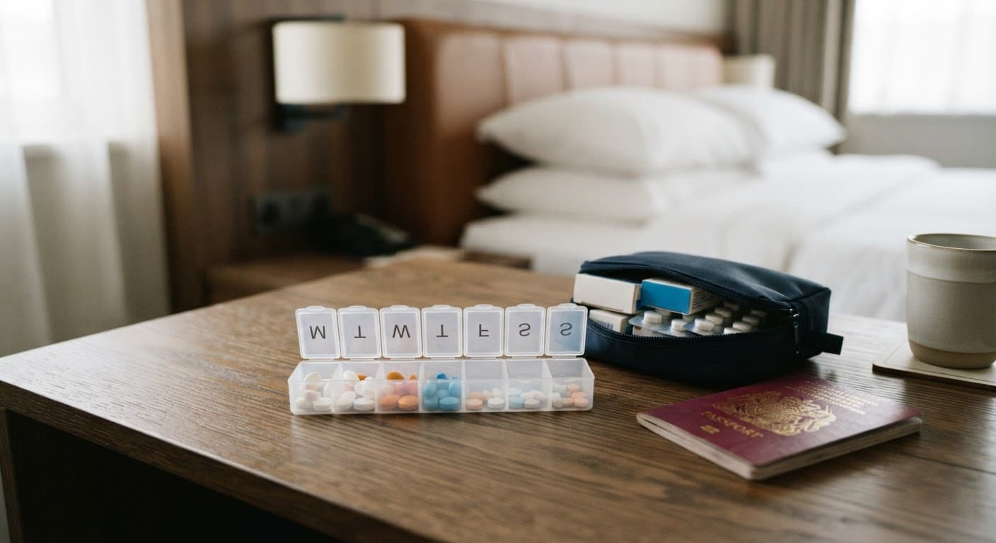 Labelled medicine boxes packed beside a passport and a doctor's letter on a table