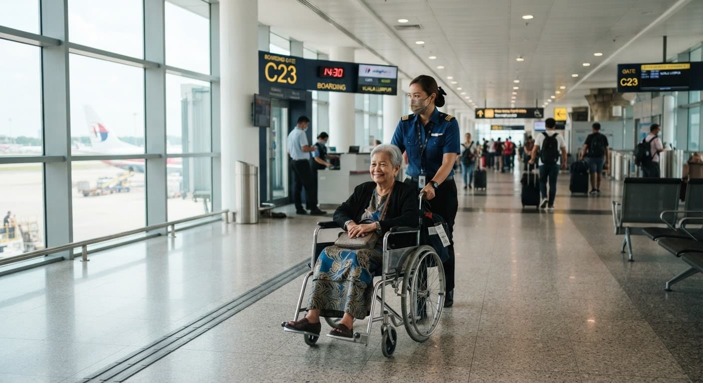An airport wheelchair being pushed along a terminal walkway towards a gate