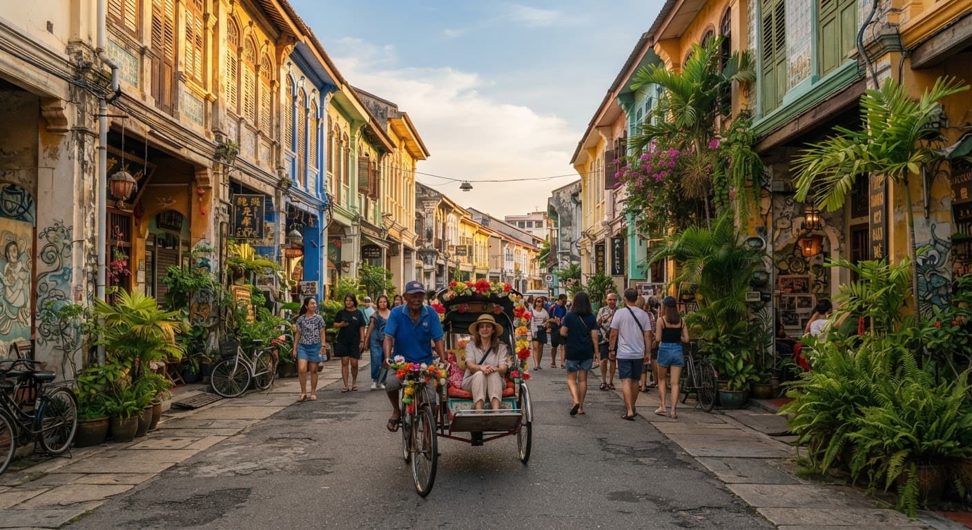 A shaded five-foot way along a George Town street with shophouse facades